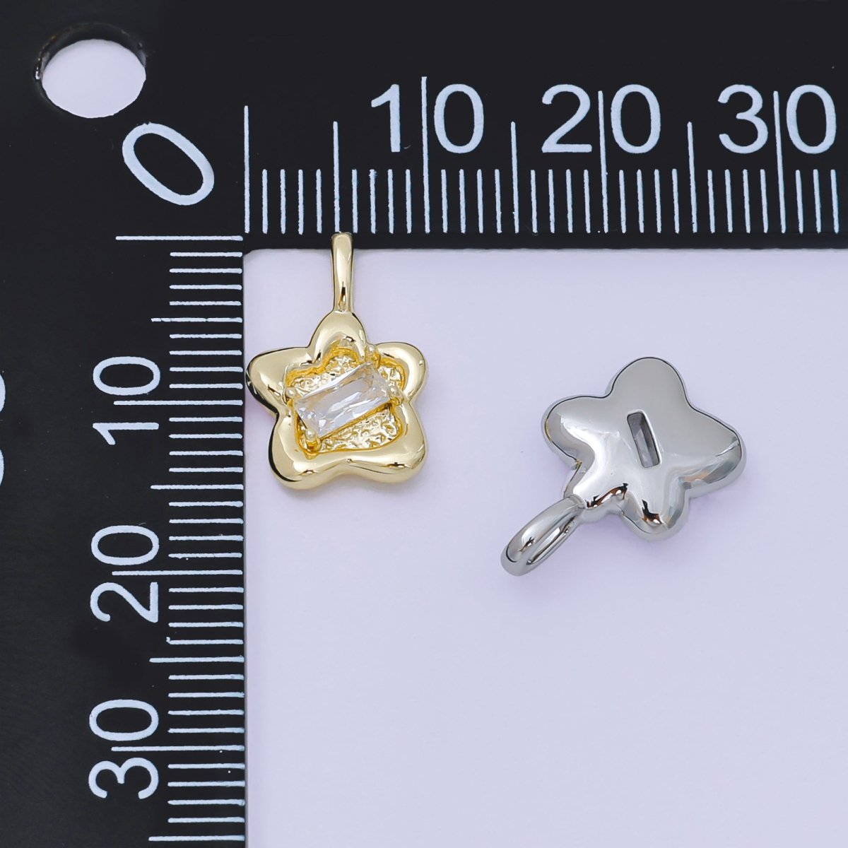 24K Gold Filled 15mm Clear CZ Baguette Stamped Flower Pendant in Gold & Silver | AH515 - DLUXCA