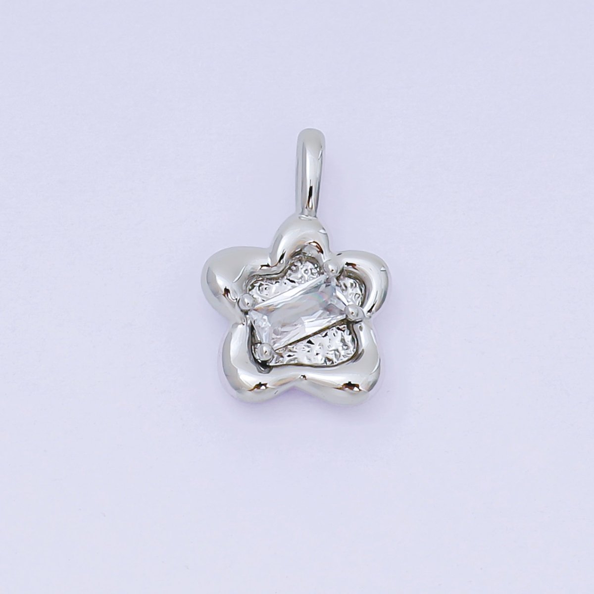 24K Gold Filled 15mm Clear CZ Baguette Stamped Flower Pendant in Gold & Silver | AH515 - DLUXCA