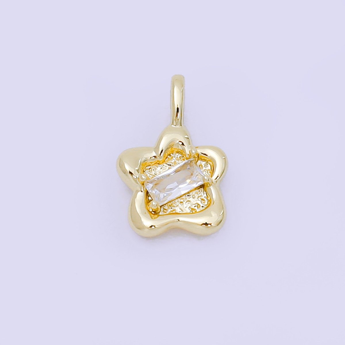24K Gold Filled 15mm Clear CZ Baguette Stamped Flower Pendant in Gold & Silver | AH515 - DLUXCA