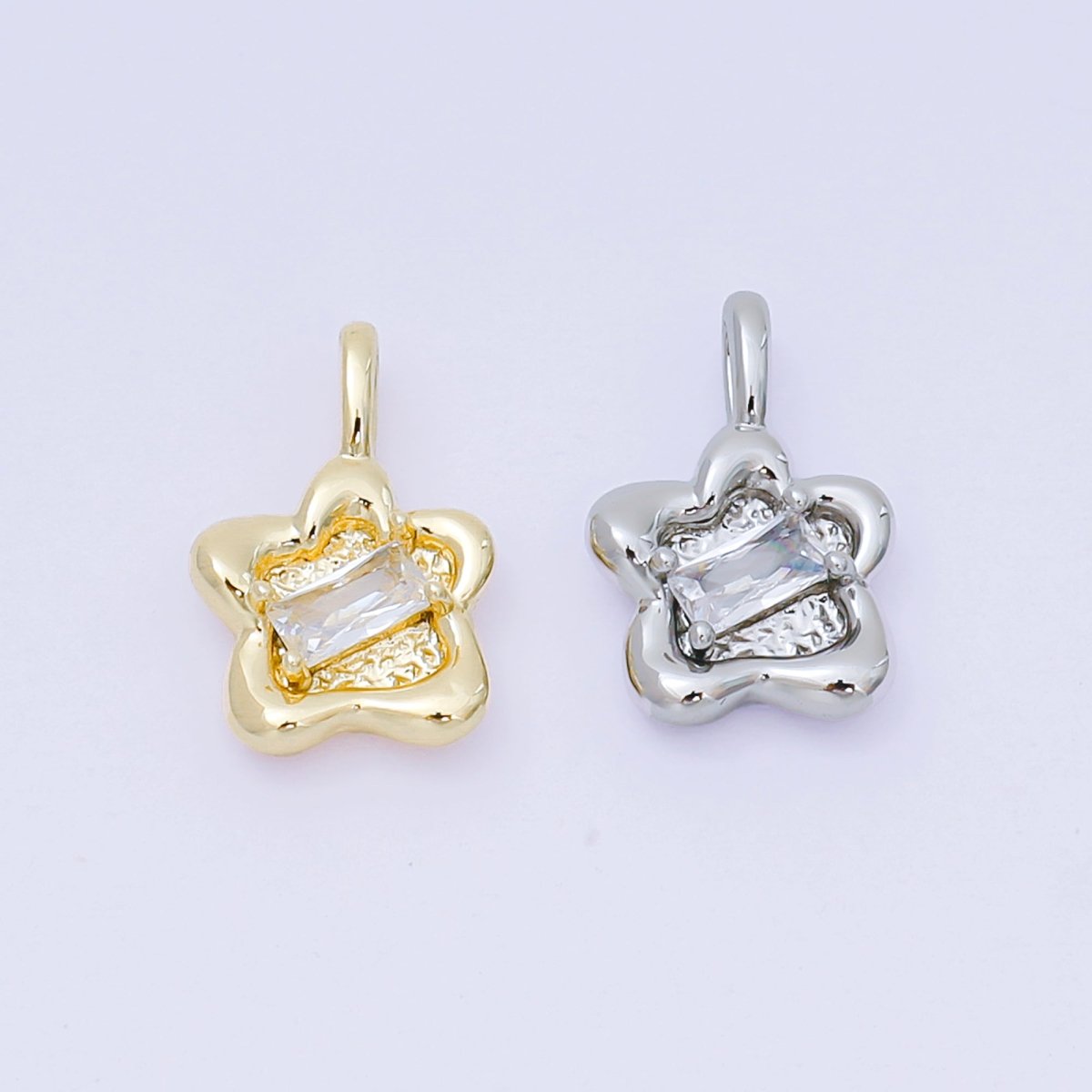 24K Gold Filled 15mm Clear CZ Baguette Stamped Flower Pendant in Gold & Silver | AH515 - DLUXCA