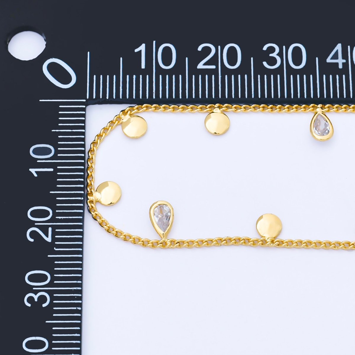 24K Gold Filled 1.5mm Curb Chain w. Teardrop CZ Round Drop Unfinished Chain by Yard | - DLUXCA