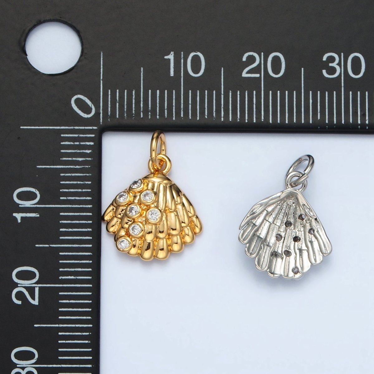 24K Gold Filled 15mm CZ Dotted Clam Sea Shell Charm in Gold & Silver | AG862 - DLUXCA