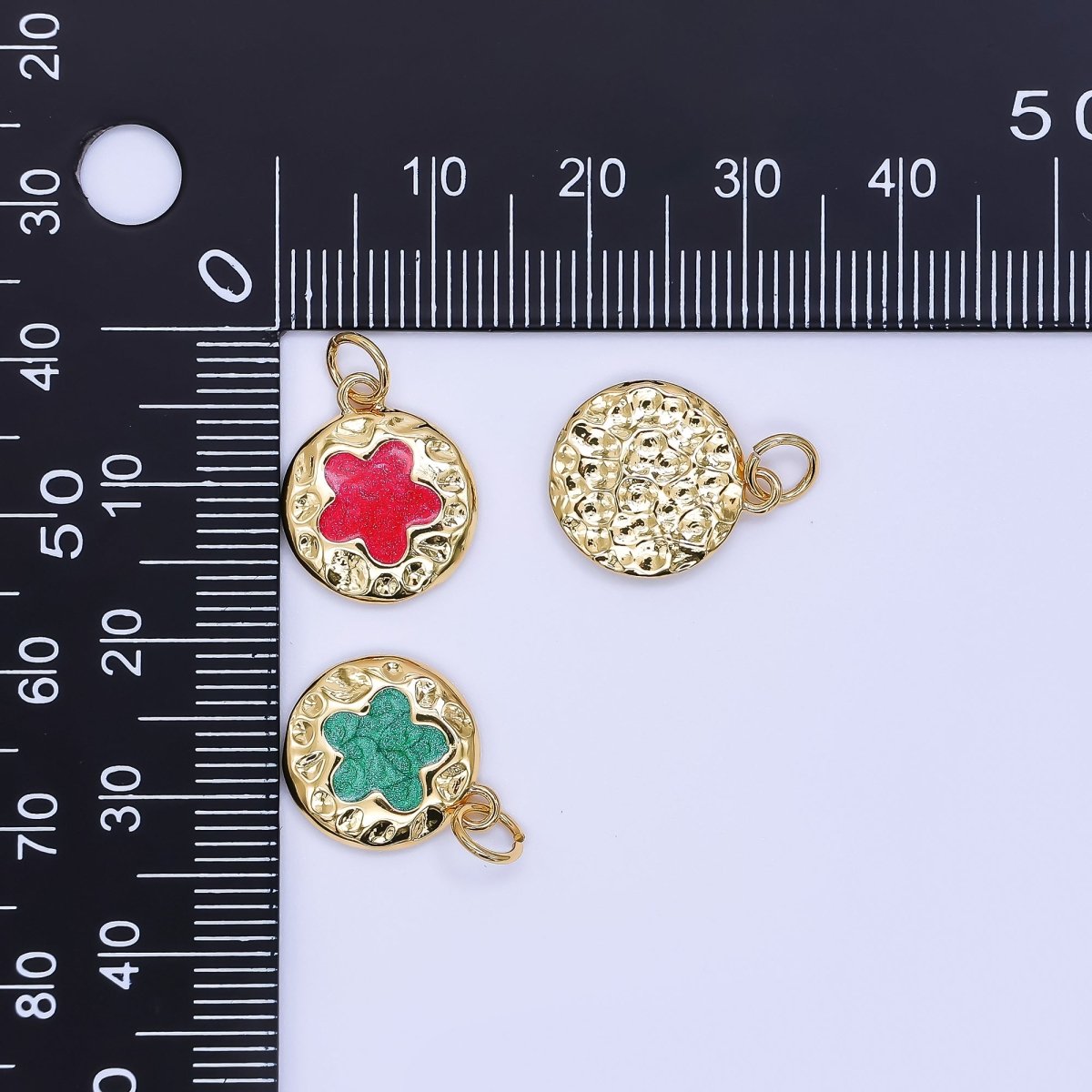 24K Gold Filled 15mm Enamel 5 - Petals Clover Coin Charm in Red, White, & Green | AF - 533 AF - 534 - DLUXCA