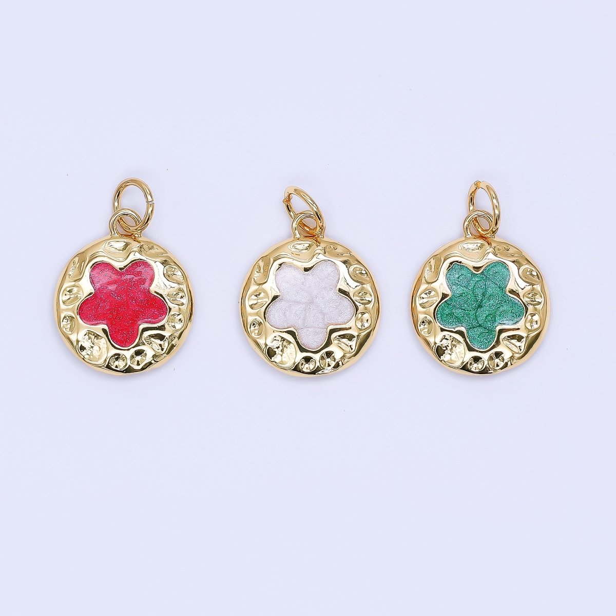 24K Gold Filled 15mm Enamel 5 - Petals Clover Coin Charm in Red, White, & Green | AF - 533 AF - 534 - DLUXCA
