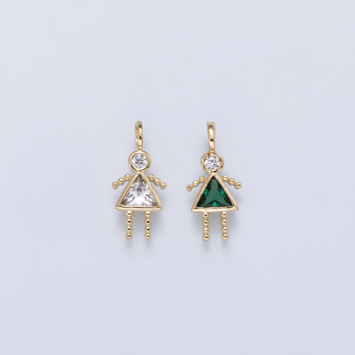24K Gold Filled 15mm Green, Clear CZ Triangle Little Girl Silhouette Charm | Charms-01263 Charms-01264 - DLUXCA