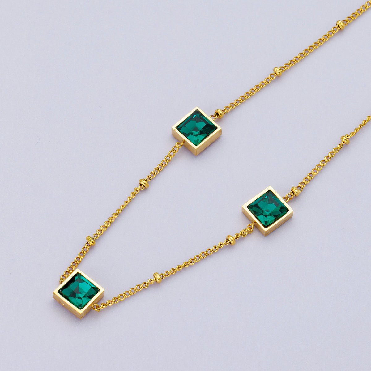 24K Gold Filled 15mm Green CZ Square Satellite Chain 20 Inch Necklace w. Extender | WA - 04048 - DLUXCA