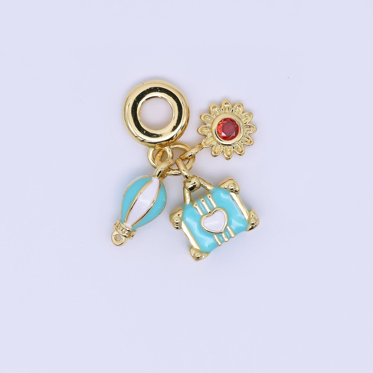 24K Gold Filled 15mm Hot Air Balloon, Lifesaver, & Sunflower Summer Holidays Set Rondelle Drop Charm | AC1637 - DLUXCA
