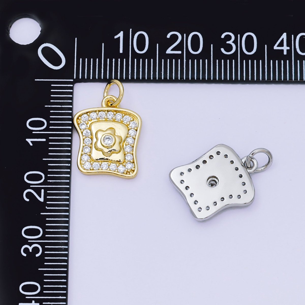 24K Gold Filled 15mm Micro Paved CZ Breakfast Bread & Egg Charm in Gold & Silver | AH - 585 - DLUXCA