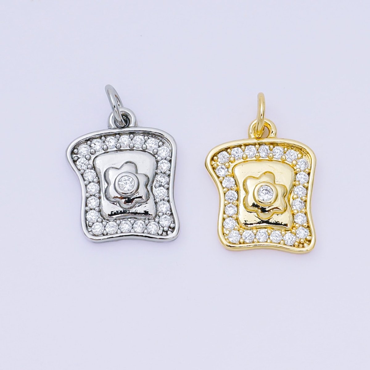 24K Gold Filled 15mm Micro Paved CZ Breakfast Bread & Egg Charm in Gold & Silver | AH - 585 - DLUXCA