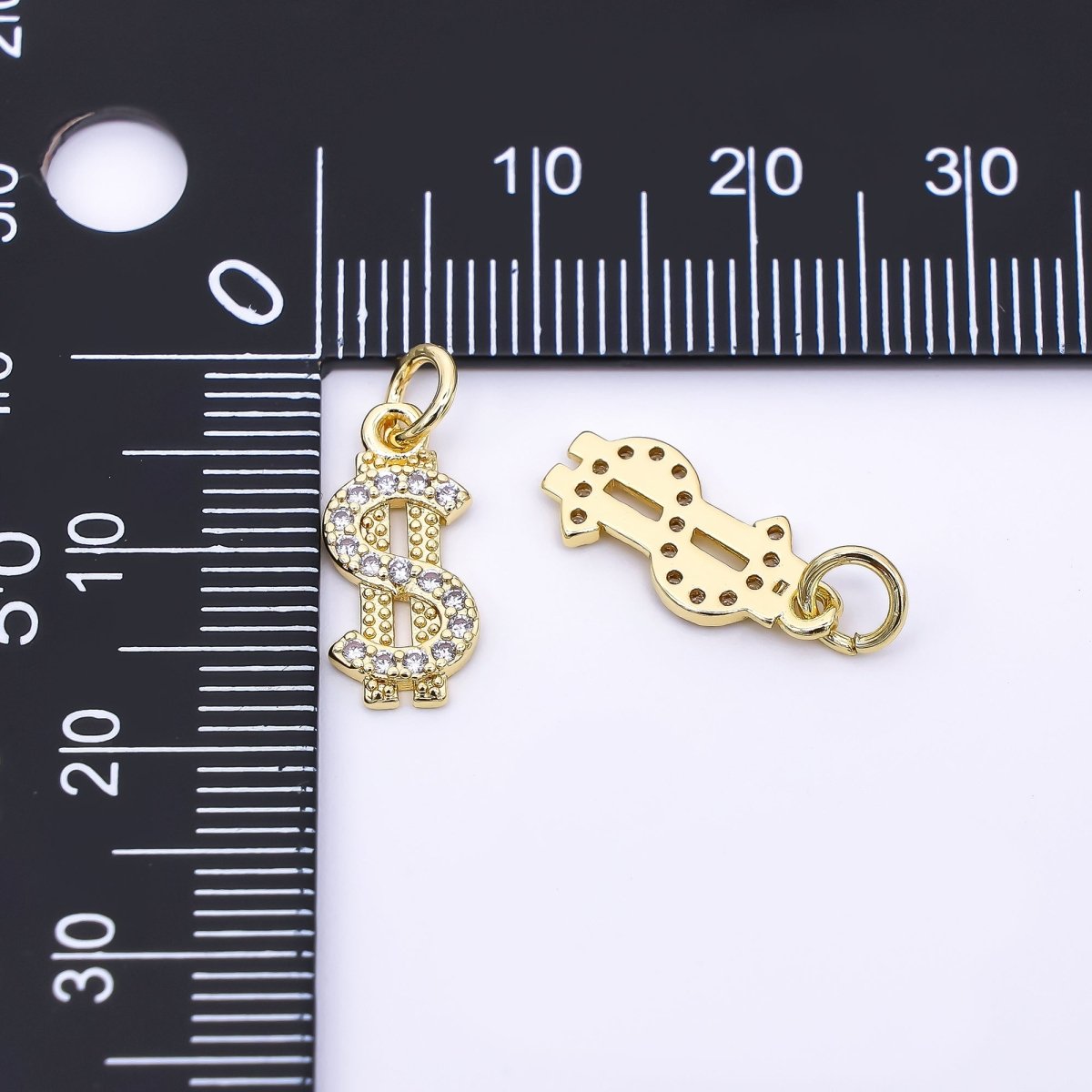 24K Gold Filled 15mm Micro Paved CZ Dollar Sign Money Charm | AJ - 496 - DLUXCA