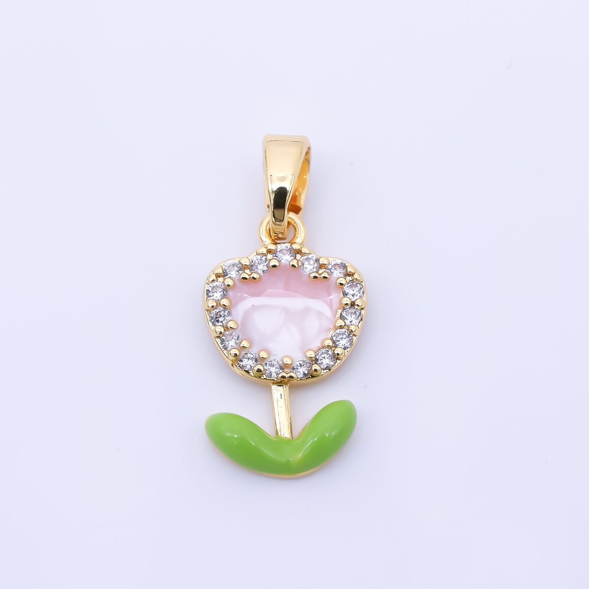 24K Gold Filled 15mm Micro Paved CZ Enamel Pink Lovely Flower Pendant | AA1643 - DLUXCA