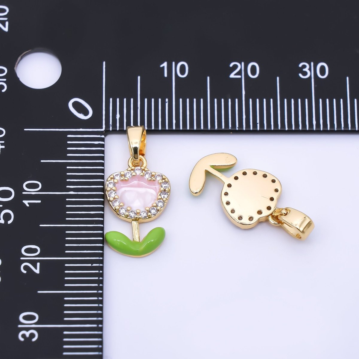 24K Gold Filled 15mm Micro Paved CZ Enamel Pink Lovely Flower Pendant | AA1643 - DLUXCA