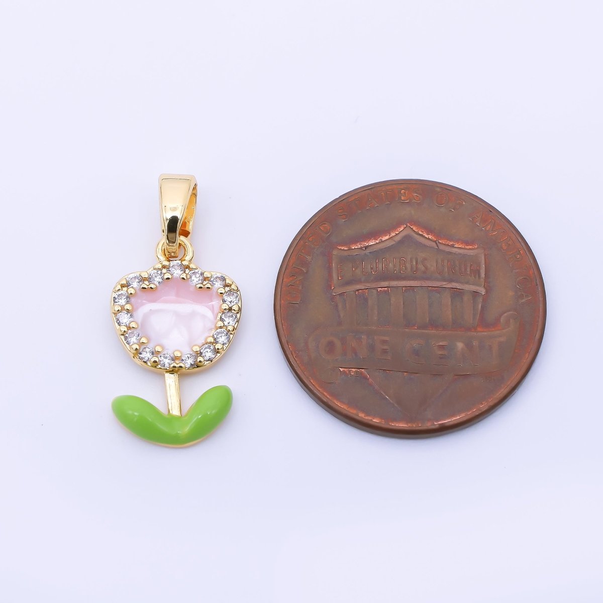24K Gold Filled 15mm Micro Paved CZ Enamel Pink Rose Flower Pendant | AA1643 - DLUXCA