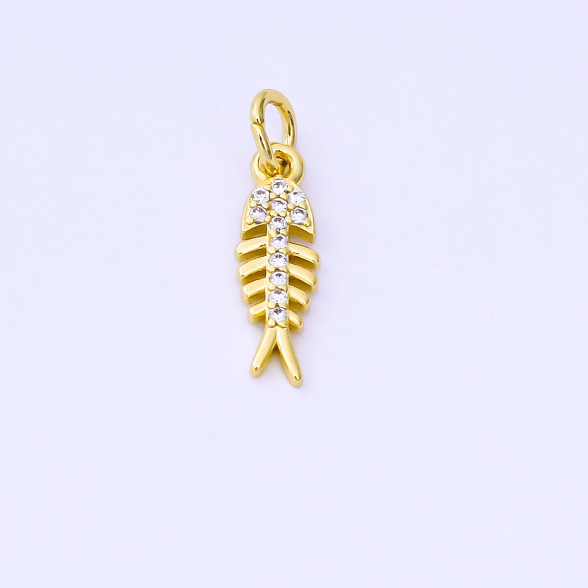 24K Gold Filled 15mm Micro Paved CZ Fish Bone Dainty Charm | - DLUXCA