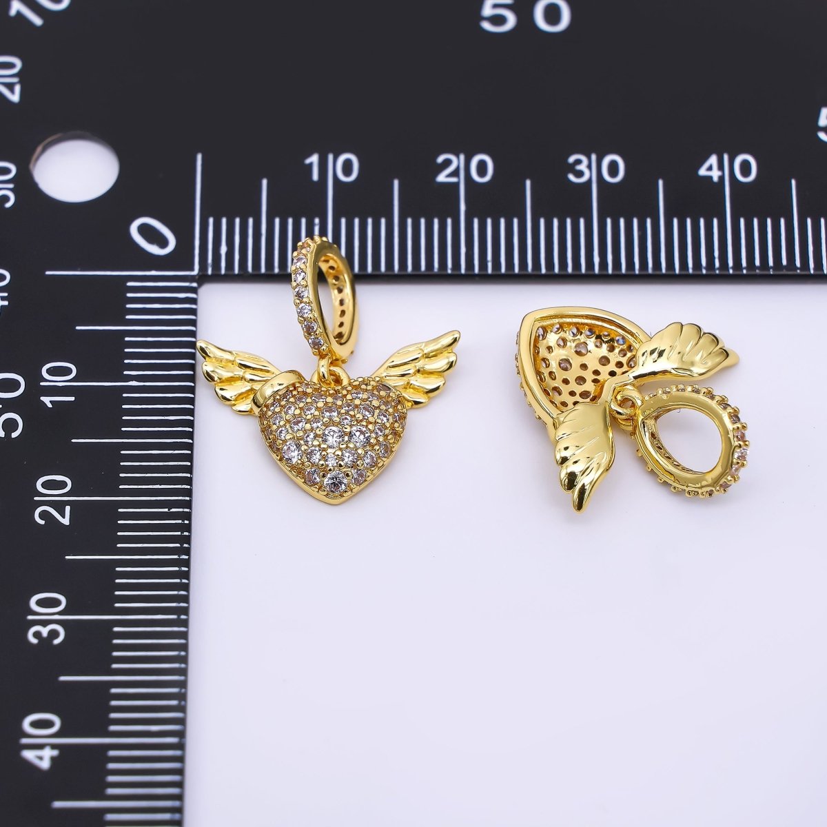 24K Gold Filled 15mm Micro Paved CZ Heart & Wings Angel Charm | AH - 460 - DLUXCA