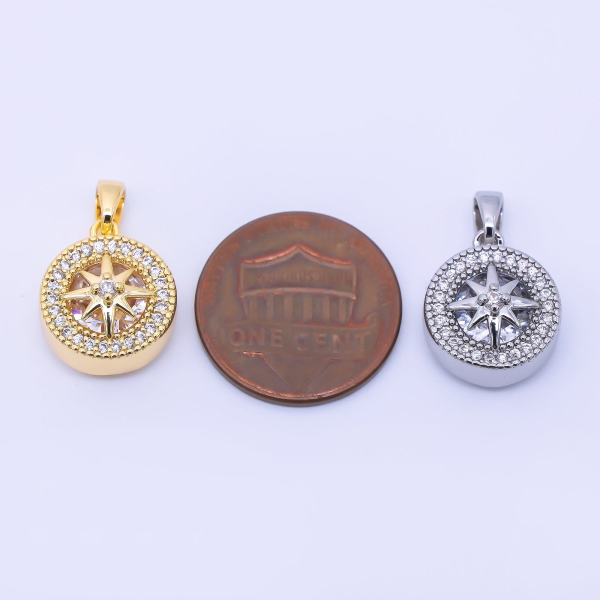 24K Gold Filled 15mm Micro Paved CZ North Star Compass Pendant in Gold & Silver | AA1649 - DLUXCA