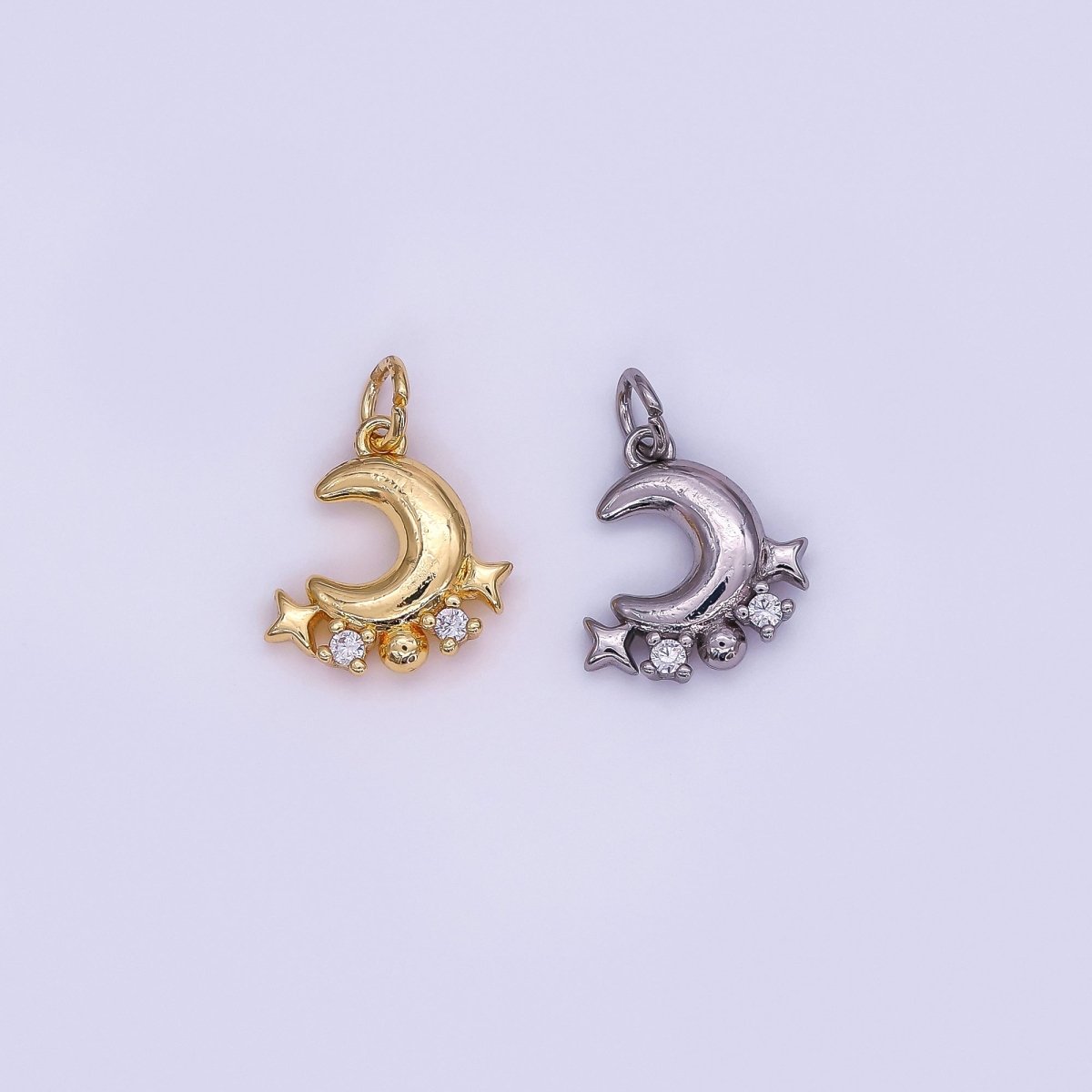 24K Gold Filled 15mm Micro Paved CZ Starry Night with Moon and Stars Charm in Gold & Silver | AF489 - DLUXCA