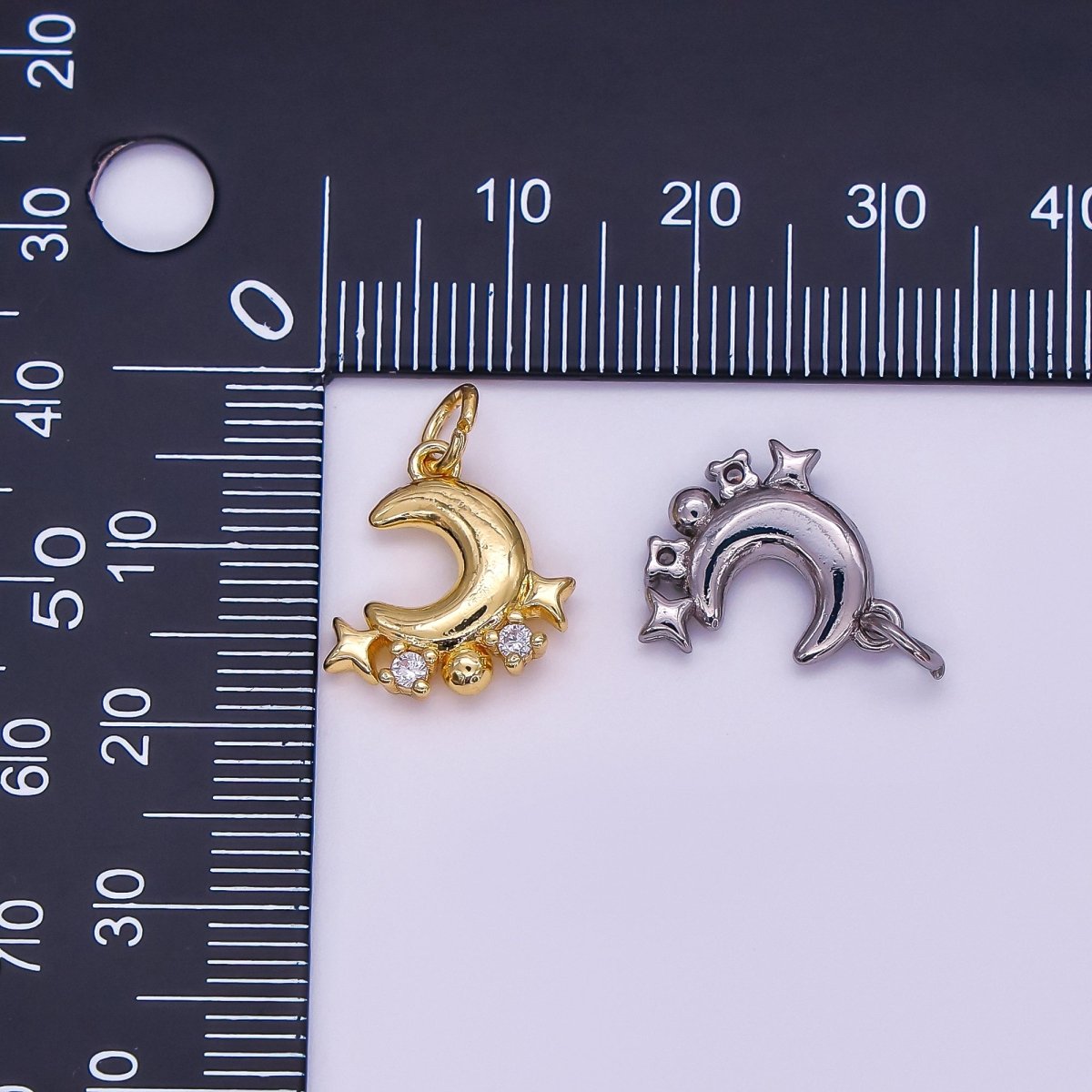 24K Gold Filled 15mm Micro Paved CZ Starry Night with Moon and Stars Charm in Gold & Silver | AF489 - DLUXCA