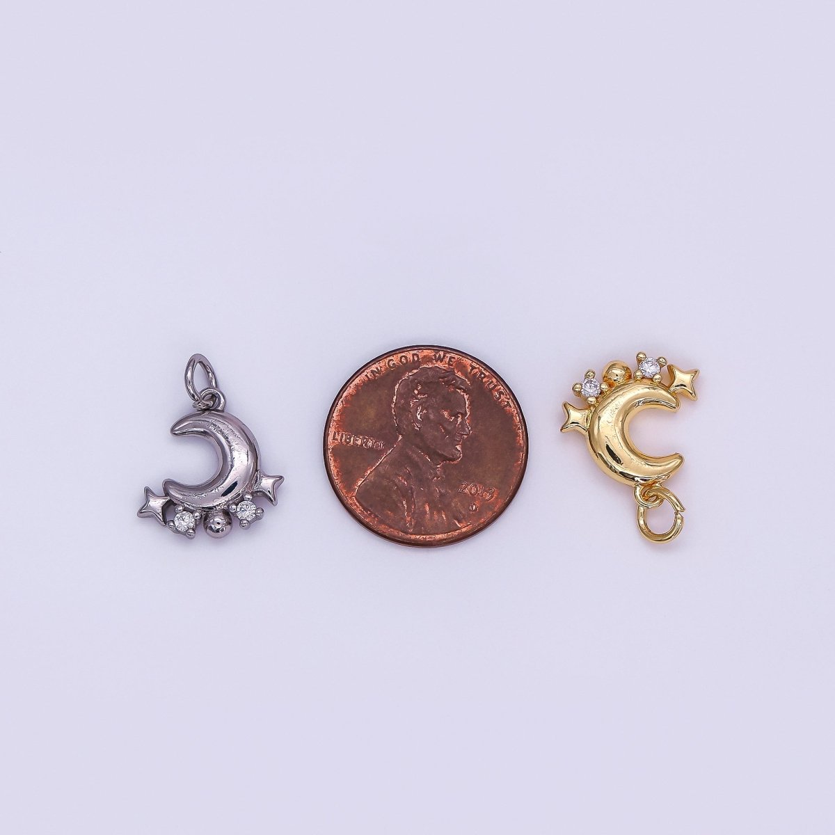 24K Gold Filled 15mm Micro Paved CZ Starry Night with Moon and Stars Charm in Gold & Silver | AF489 - DLUXCA