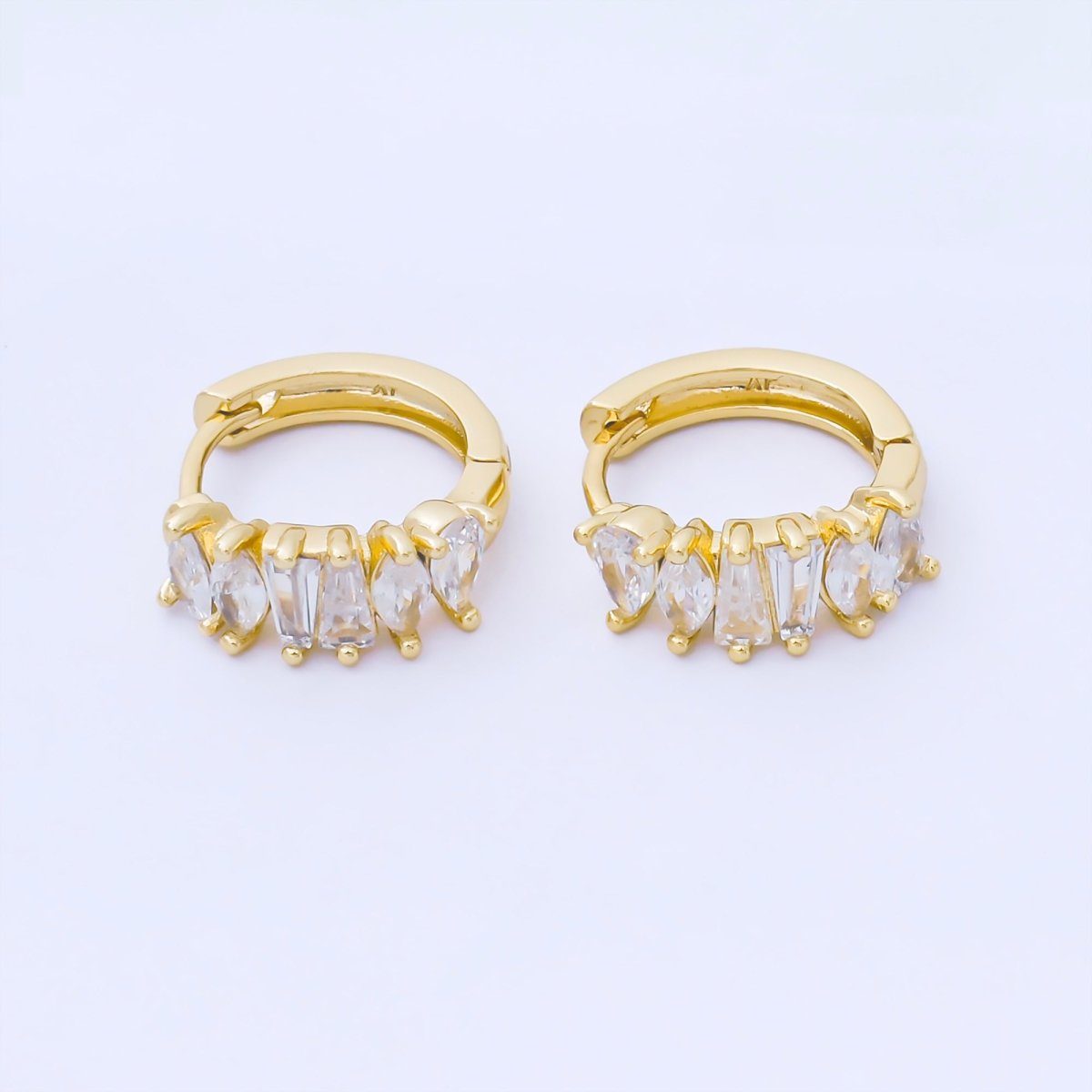 24K Gold Filled 15mm Mixed - Cut Baguette Teardrop Marquise CZ Cluster Huggie Earrings | AB1626 - DLUXCA