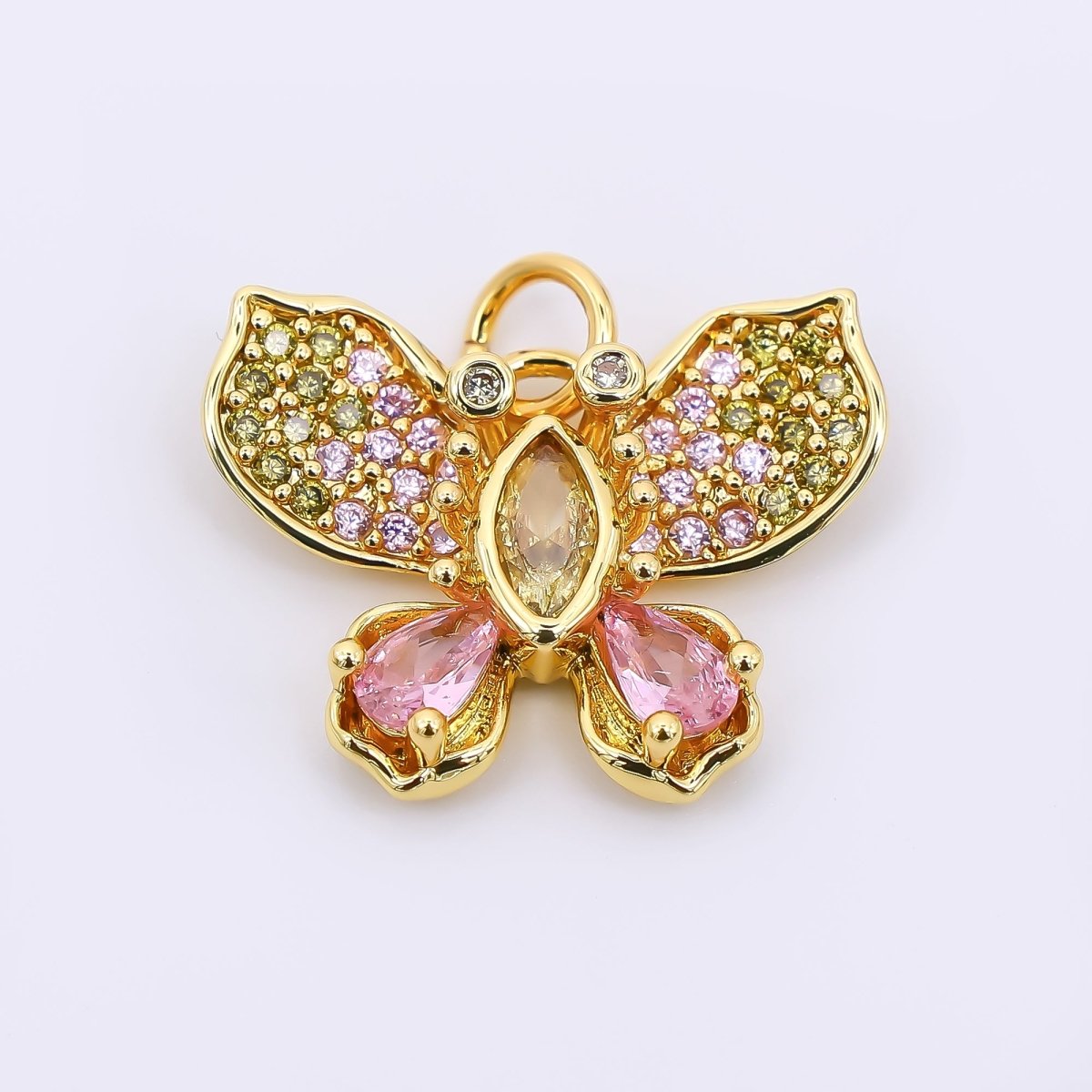 24K Gold Filled 15mm Mixed - Cut Pink CZ Big Butterfly Wings Animal Charm | AF - 517 - DLUXCA