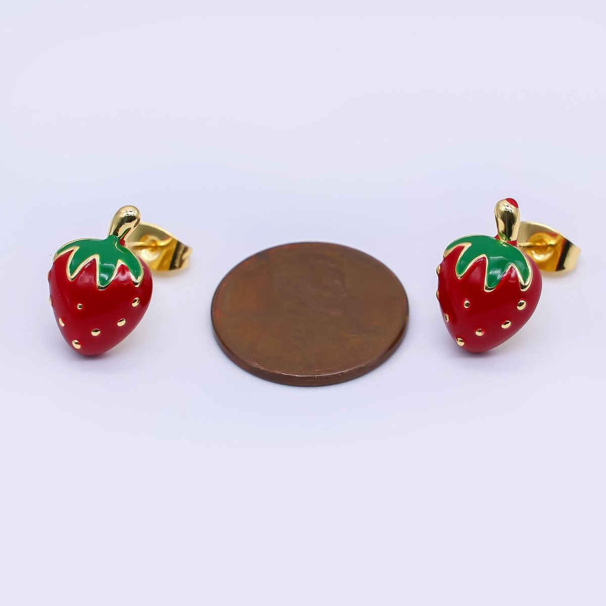 24K Gold Filled 15mm Red Enamel Strawberry Fruit Stud Earrings | AI424 - DLUXCA