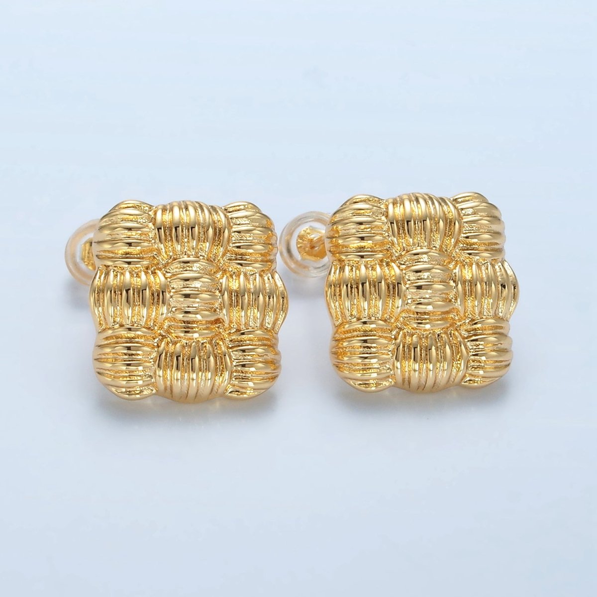 24K Gold Filled 15mm Ribbed Weave Square Stud Earrings | AD657 - DLUXCA