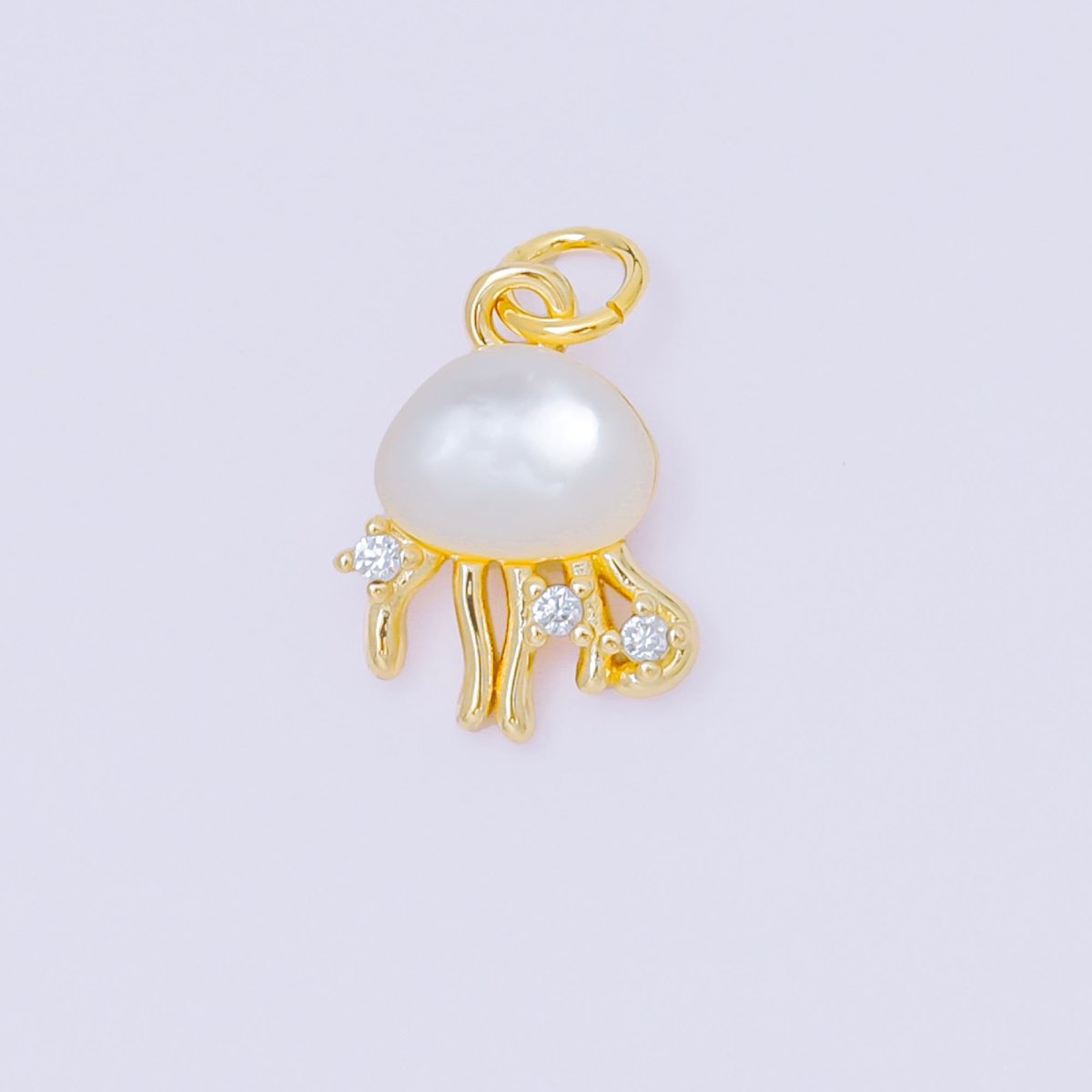 24K Gold Filled 15mm Round CZ Sea Creature Jellyfish Shell Pearl Charm | AC1590 - DLUXCA