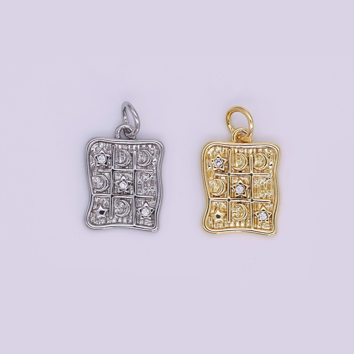 24K Gold Filled 15mm Round CZ TicTacToe Moon & Stars Charm in Gold & Silver | AJ - 340 - DLUXCA