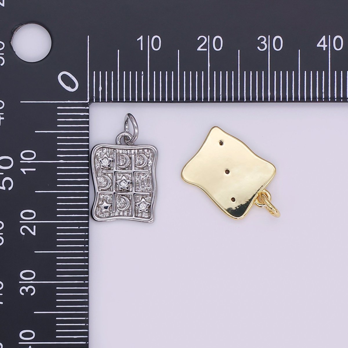 24K Gold Filled 15mm Round CZ TicTacToe Moon & Stars Charm in Gold & Silver | AJ - 340 - DLUXCA