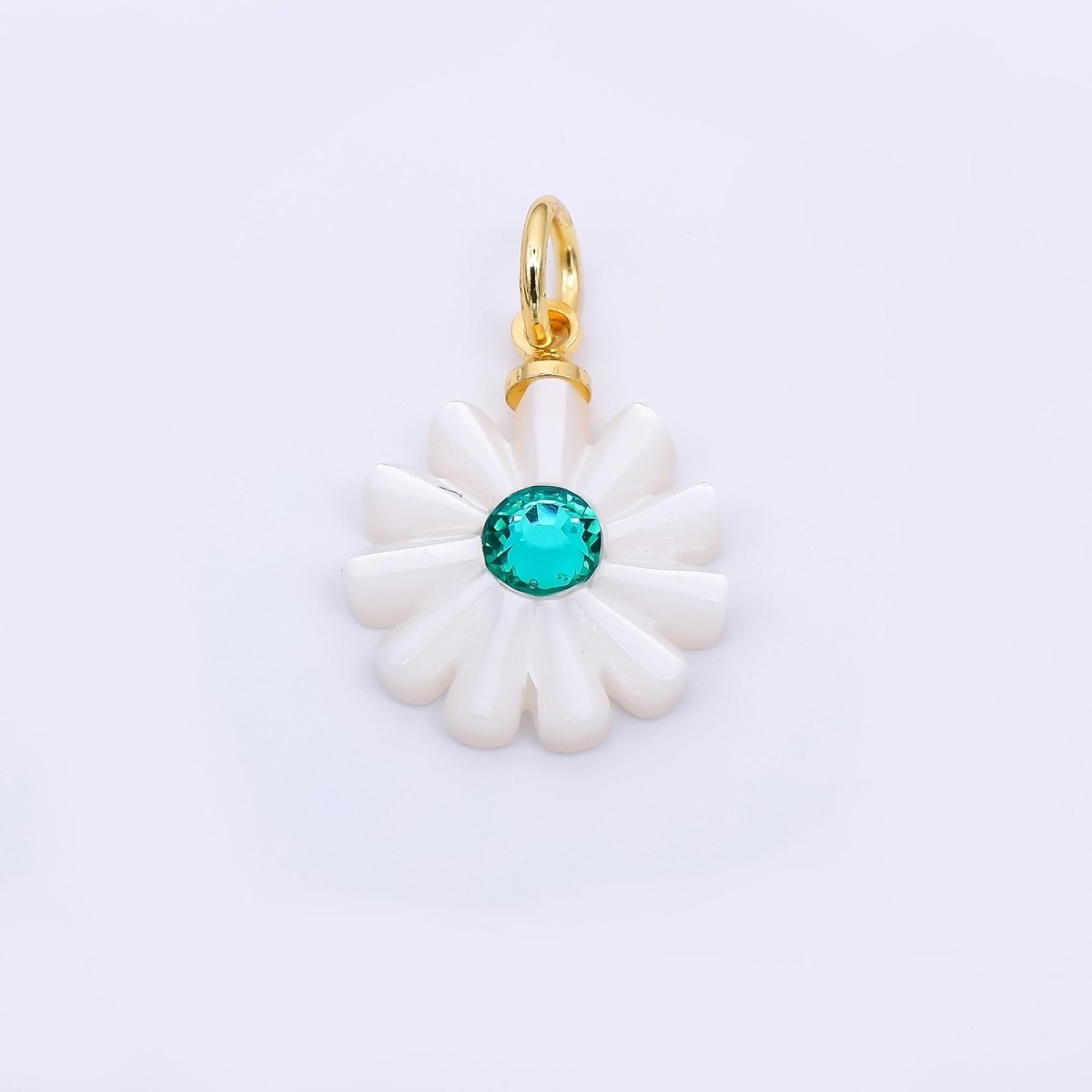 24K Gold Filled 15mm Turquoise Green CZ Shell Pearl Pure White Blooming Flower Charm | P - 1809 - DLUXCA