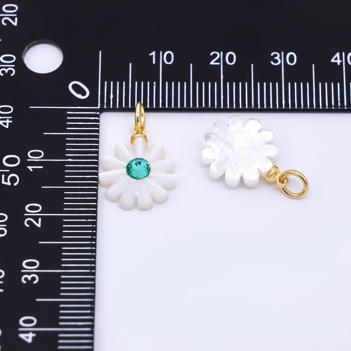 24K Gold Filled 15mm Turquoise Green CZ Shell Pearl Pure White Blooming Flower Charm | P - 1809 - DLUXCA