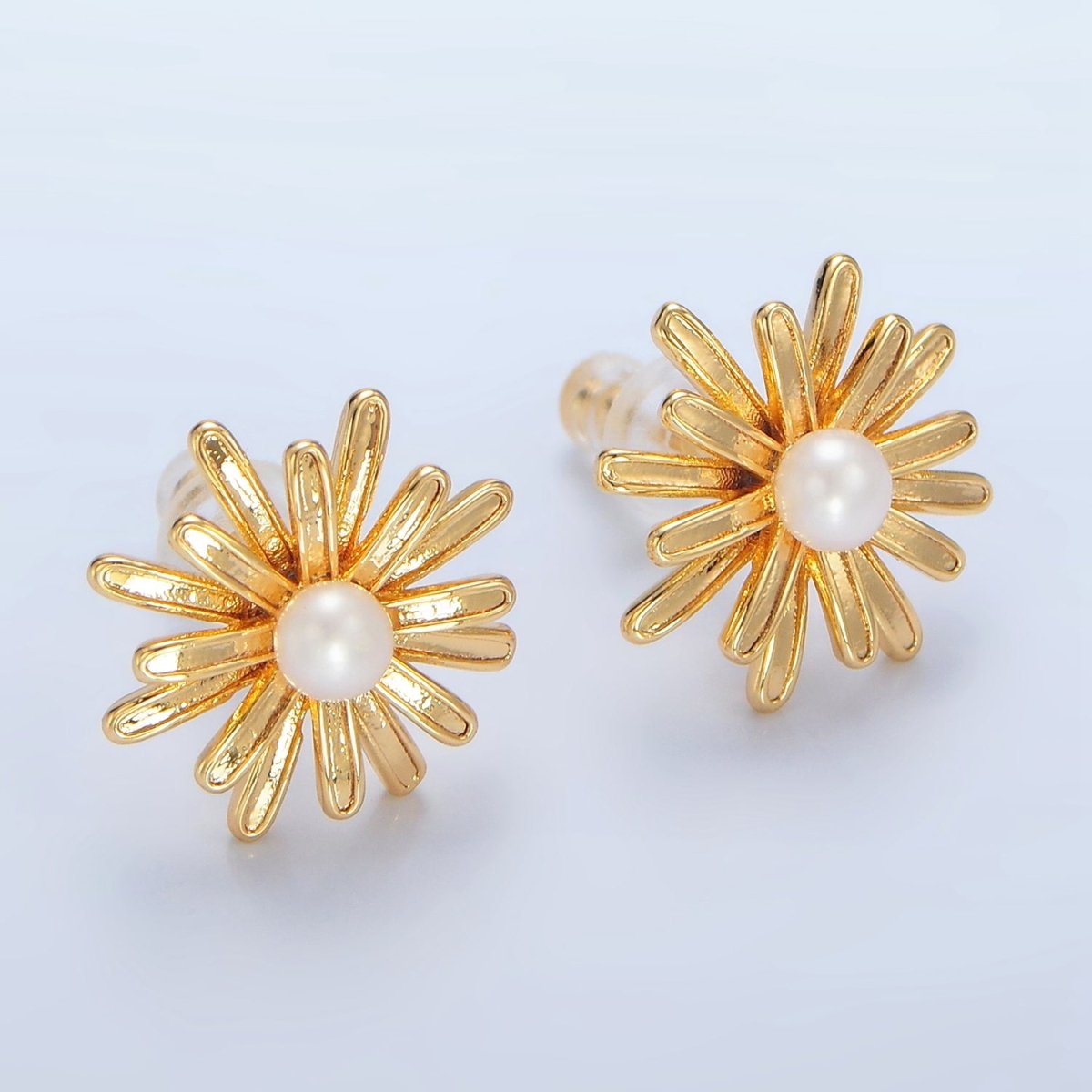 24K Gold Filled 15mm White Shell Pearl Sunflower Stud Earrings | P219 - DLUXCA