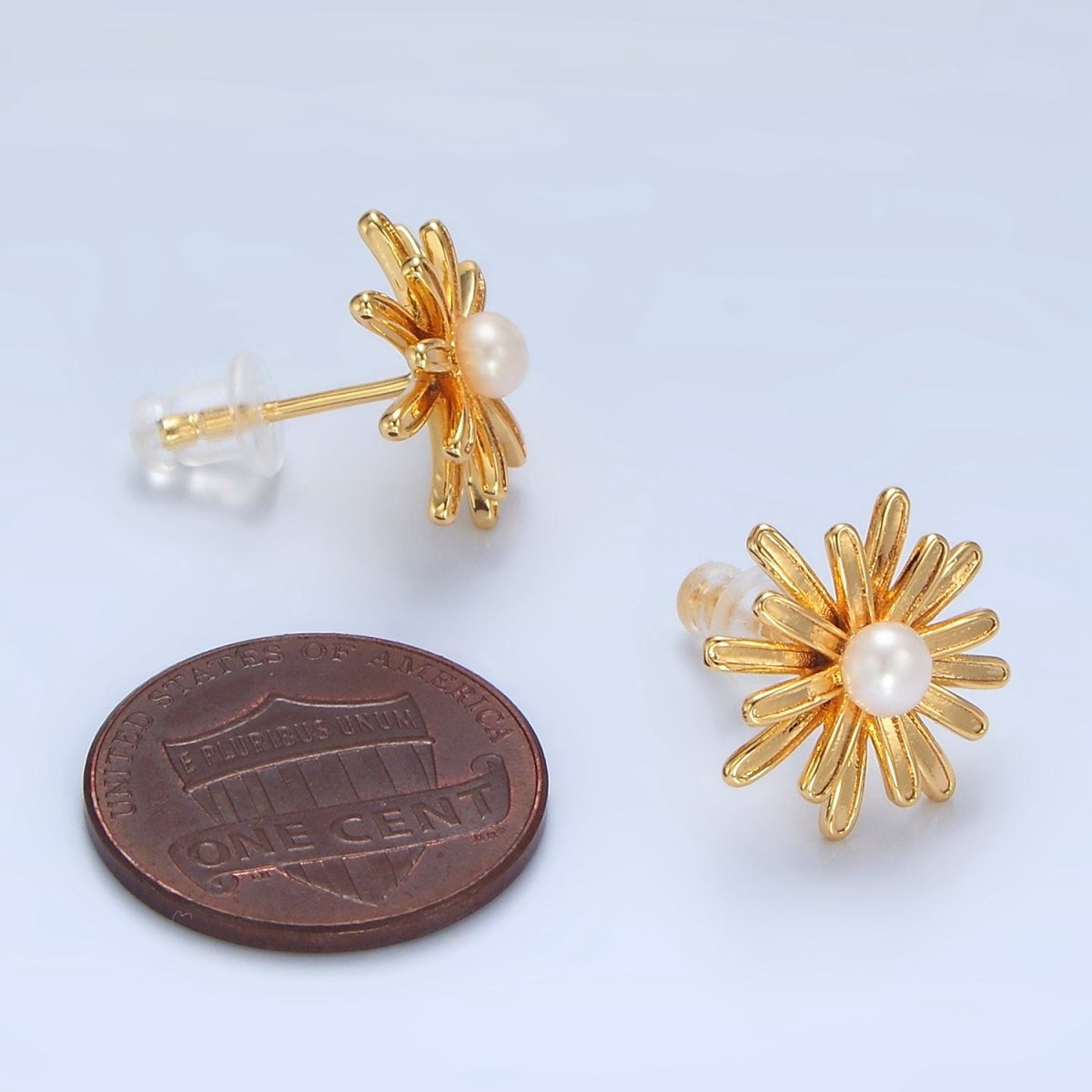 24K Gold Filled 15mm White Shell Pearl Sunflower Stud Earrings | P219 - DLUXCA