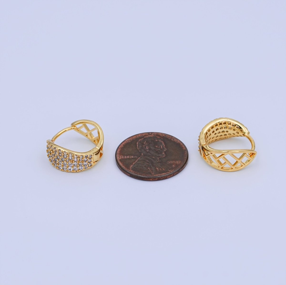 24K Gold Filled 15mm Wide Curved Micro Paved CZ Filigree Hoop Earrings | T256 - DLUXCA