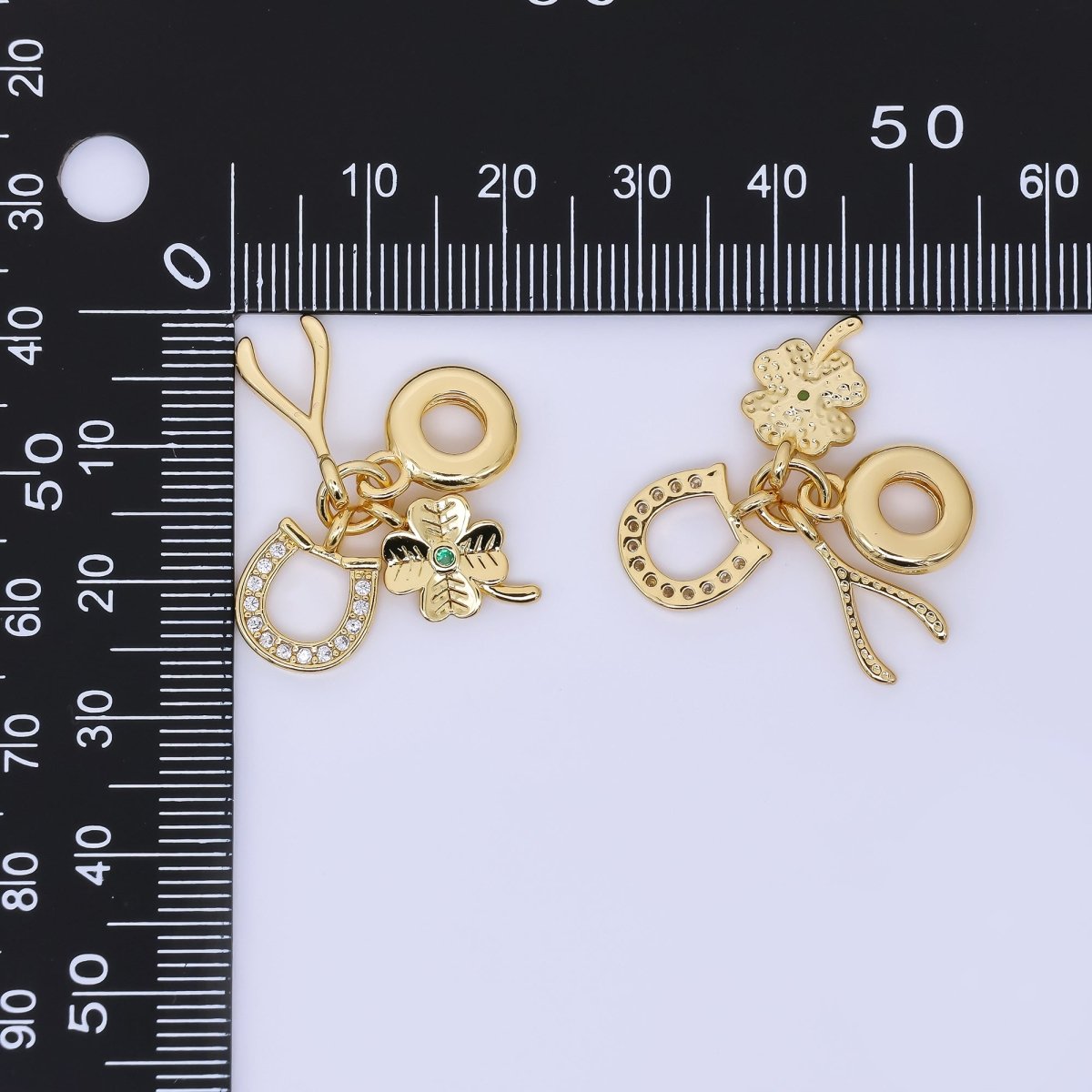 24K Gold Filled 15mm Wishbones, Horseshoe, & Lucky Clover Good Luck Set Rondelle Drop Charm | AC1647 - DLUXCA
