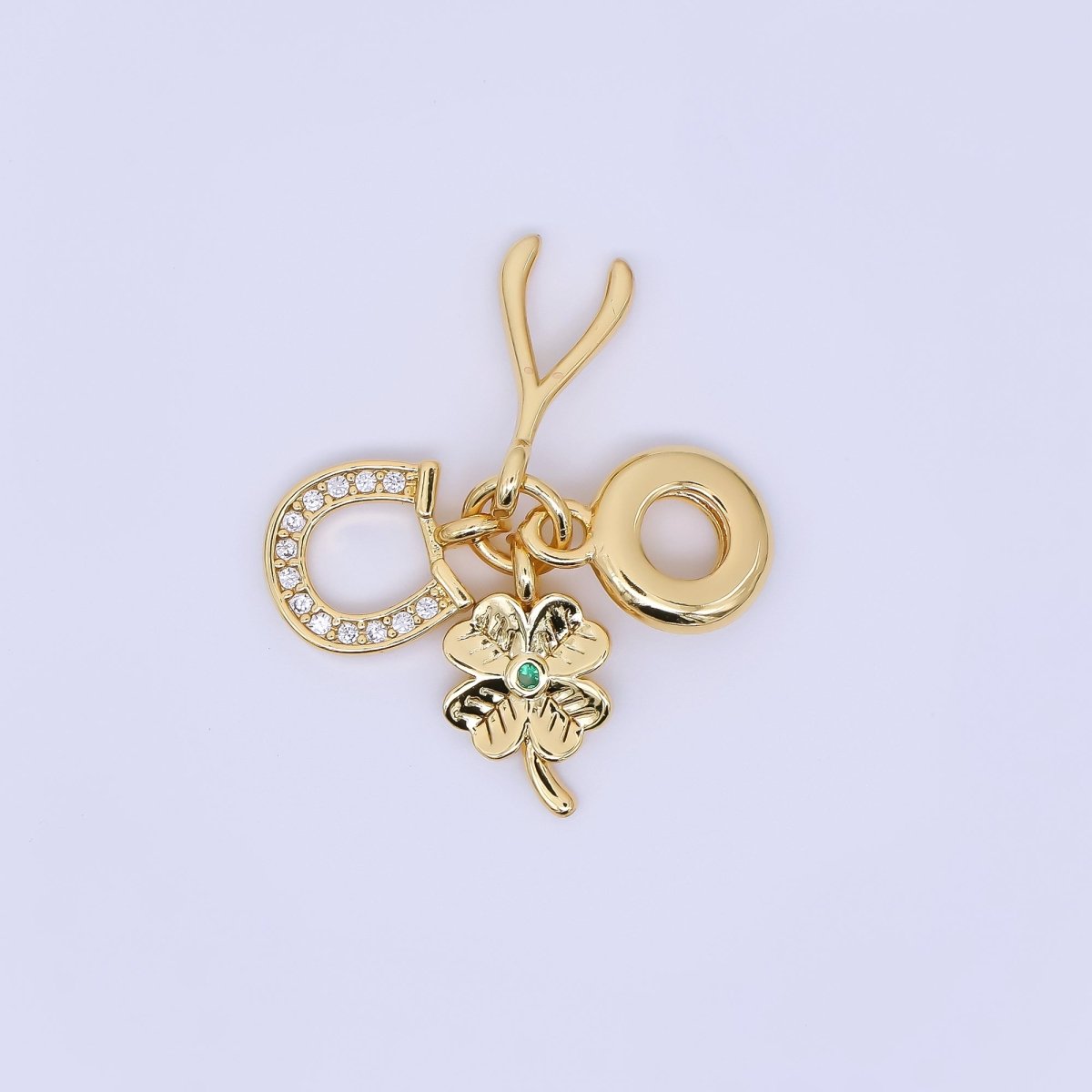 24K Gold Filled 15mm Wishbones, Horseshoe, & Lucky Clover Good Luck Set Rondelle Drop Charm | AC1647 - DLUXCA