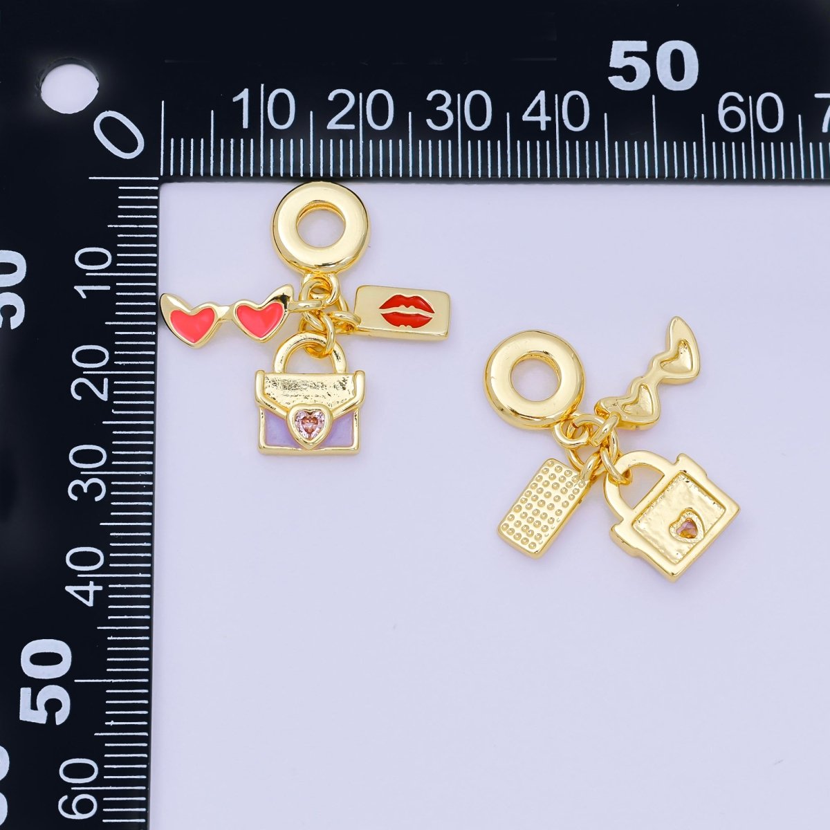 24K Gold Filled 16.5mm Heart - Shaped CZ Enamel Art Popular Girl Set Charm in Sunglasses, Lipstick, & Purse | AH - 603 - DLUXCA