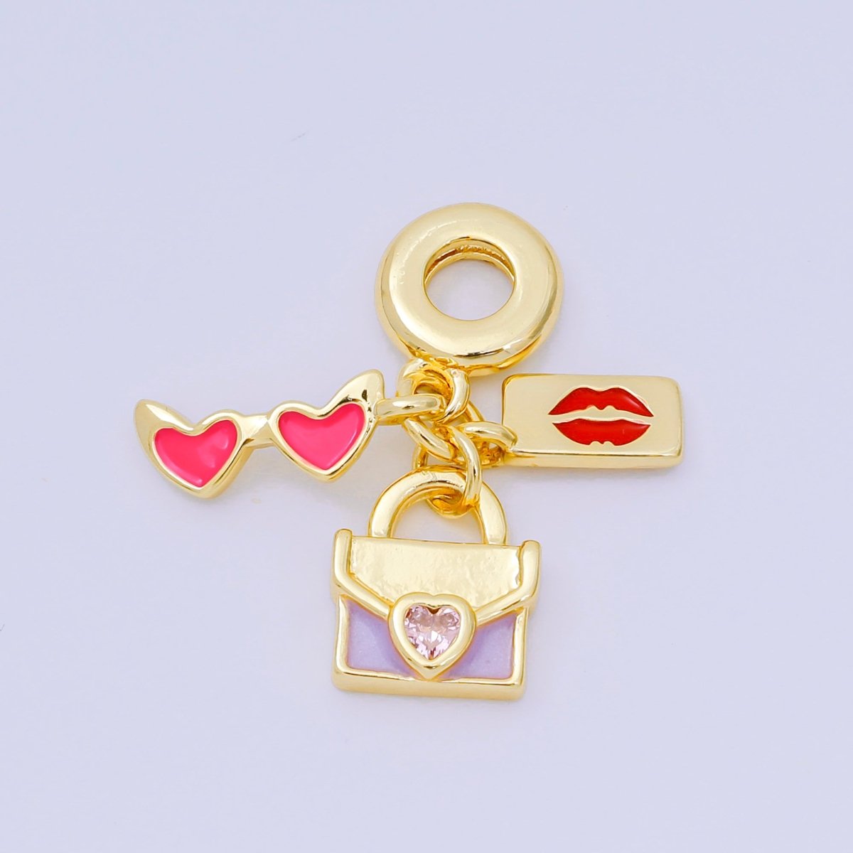 24K Gold Filled 16.5mm Heart - Shaped CZ Enamel Art Popular Girl Set Charm in Sunglasses, Lipstick, & Purse | AH - 603 - DLUXCA