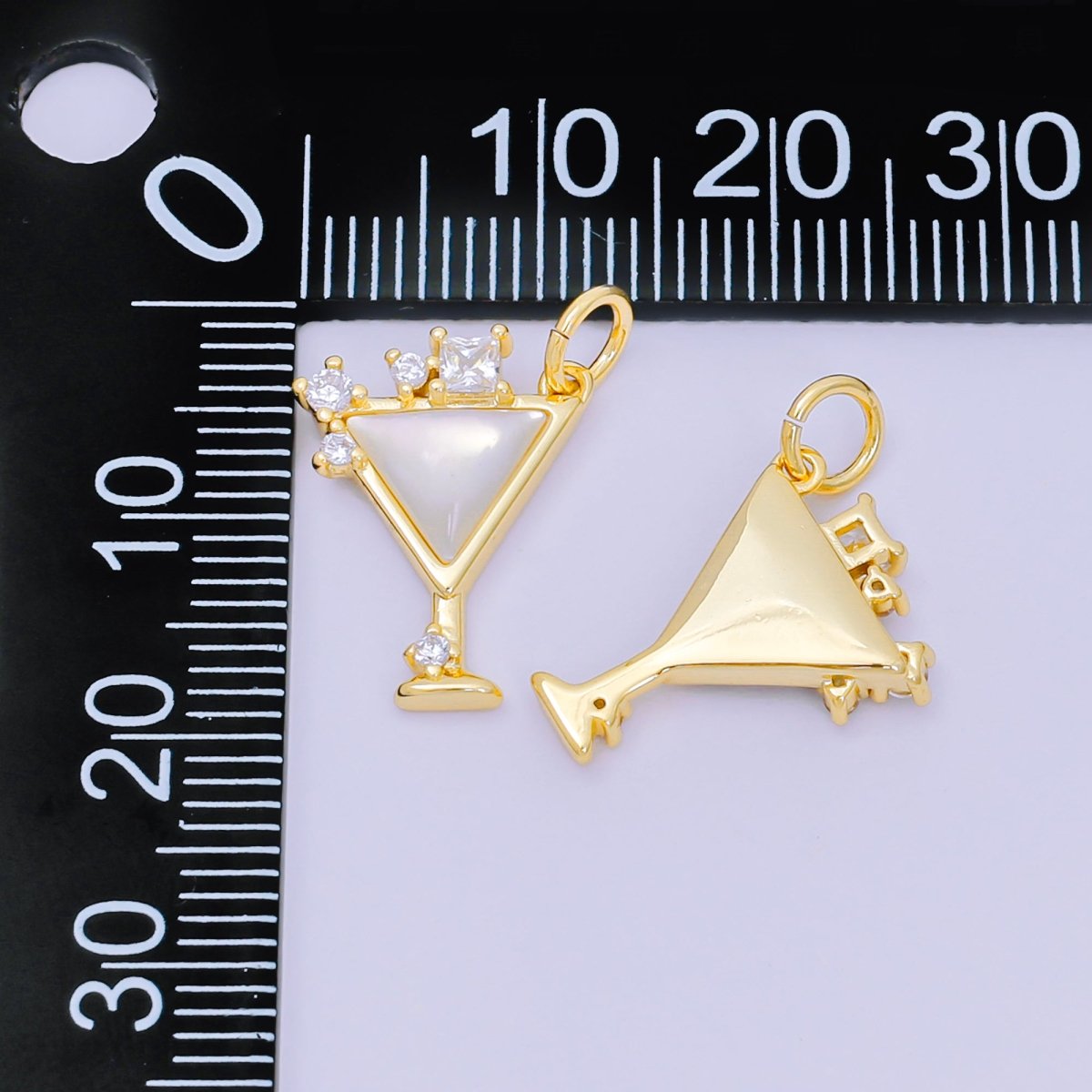 24K Gold Filled 16.5mm Round & Square CZ Mother of Pearl Cocktail Ice Glass Charm | M - 248 - DLUXCA
