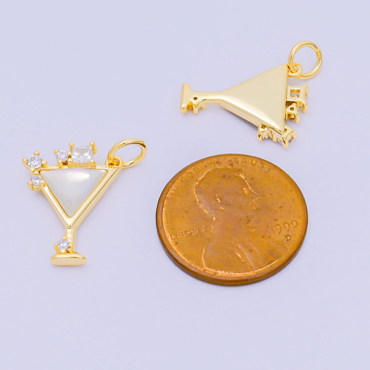24K Gold Filled 16.5mm Round & Square CZ Mother of Pearl Cocktail Ice Glass Charm | M - 248 - DLUXCA