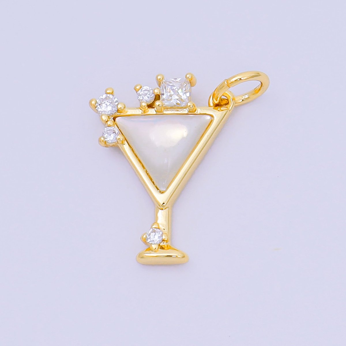 24K Gold Filled 16.5mm Round & Square CZ Mother of Pearl Cocktail Ice Glass Charm | M - 248 - DLUXCA