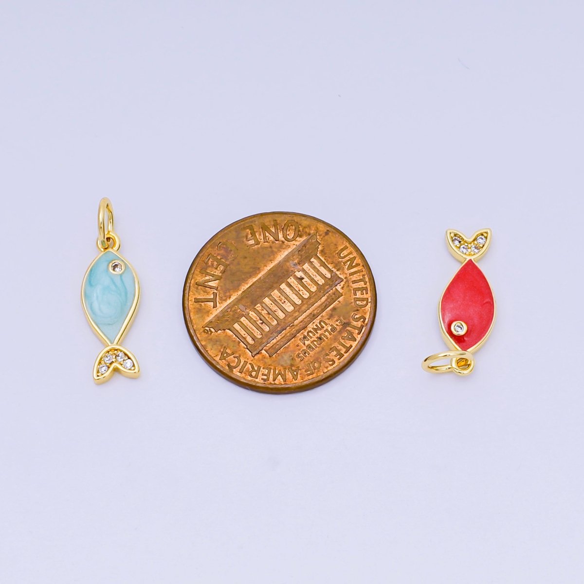 24K Gold Filled 16mm Blue, Red Enamel Micro Paved Fish Charm | AJ550 - DLUXCA