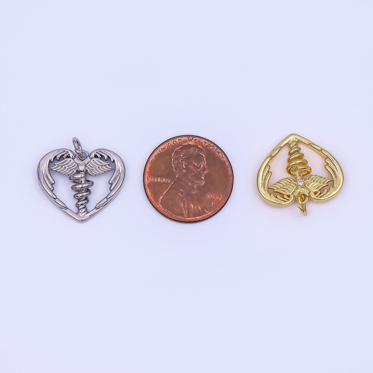 24K Gold Filled 16mm Clear CZ Medic Heart of Healing Snake & Wings Charm Heart of Caduceus Pharmacy Symbol in Gold & Silver | AF497 - DLUXCA