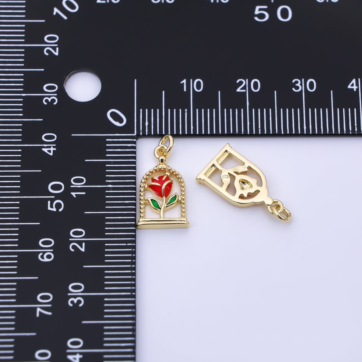 24K Gold Filled 16mm Hand - Painted Enamel Magical Enchanted Rose Flower Charm | AC1611 - DLUXCA