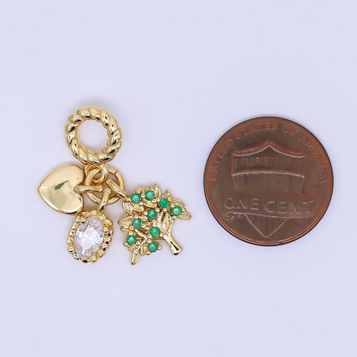 24K Gold Filled 16mm Heart, Clear Oval CZ, & Green Apple Tree Nature Set Rondelle Drop Charm | AC1646 - DLUXCA