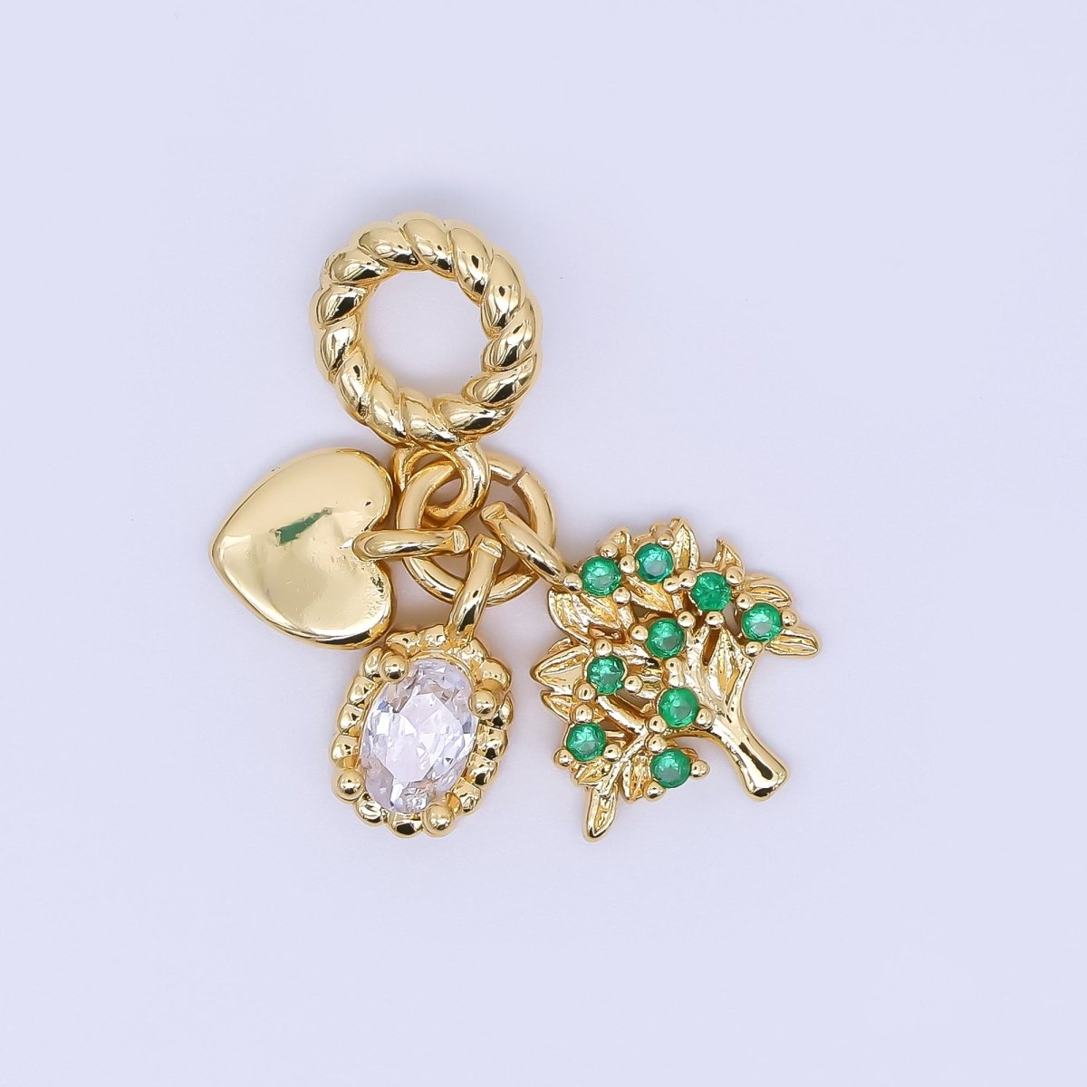 24K Gold Filled 16mm Heart, Clear Oval CZ, & Green Apple Tree Nature Set Rondelle Drop Charm | AC1646 - DLUXCA
