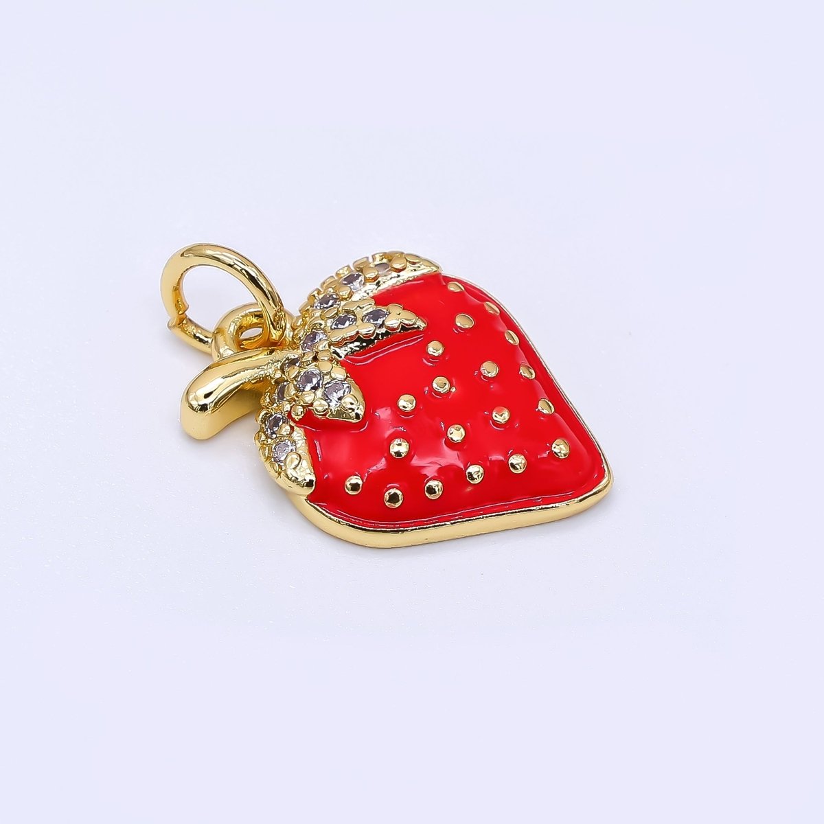 24K Gold Filled 16mm Micro Paved CZ Red Strawberry Bliss Ichigo Fruit Charm | AF - 549 - DLUXCA