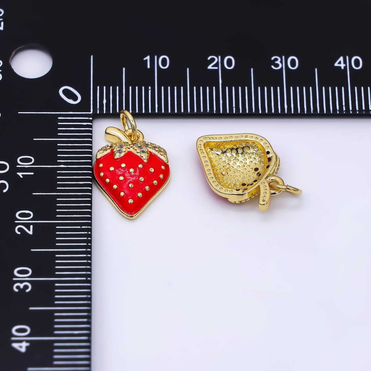 24K Gold Filled 16mm Micro Paved CZ Red Strawberry Bliss Ichigo Fruit Charm | AF - 549 - DLUXCA