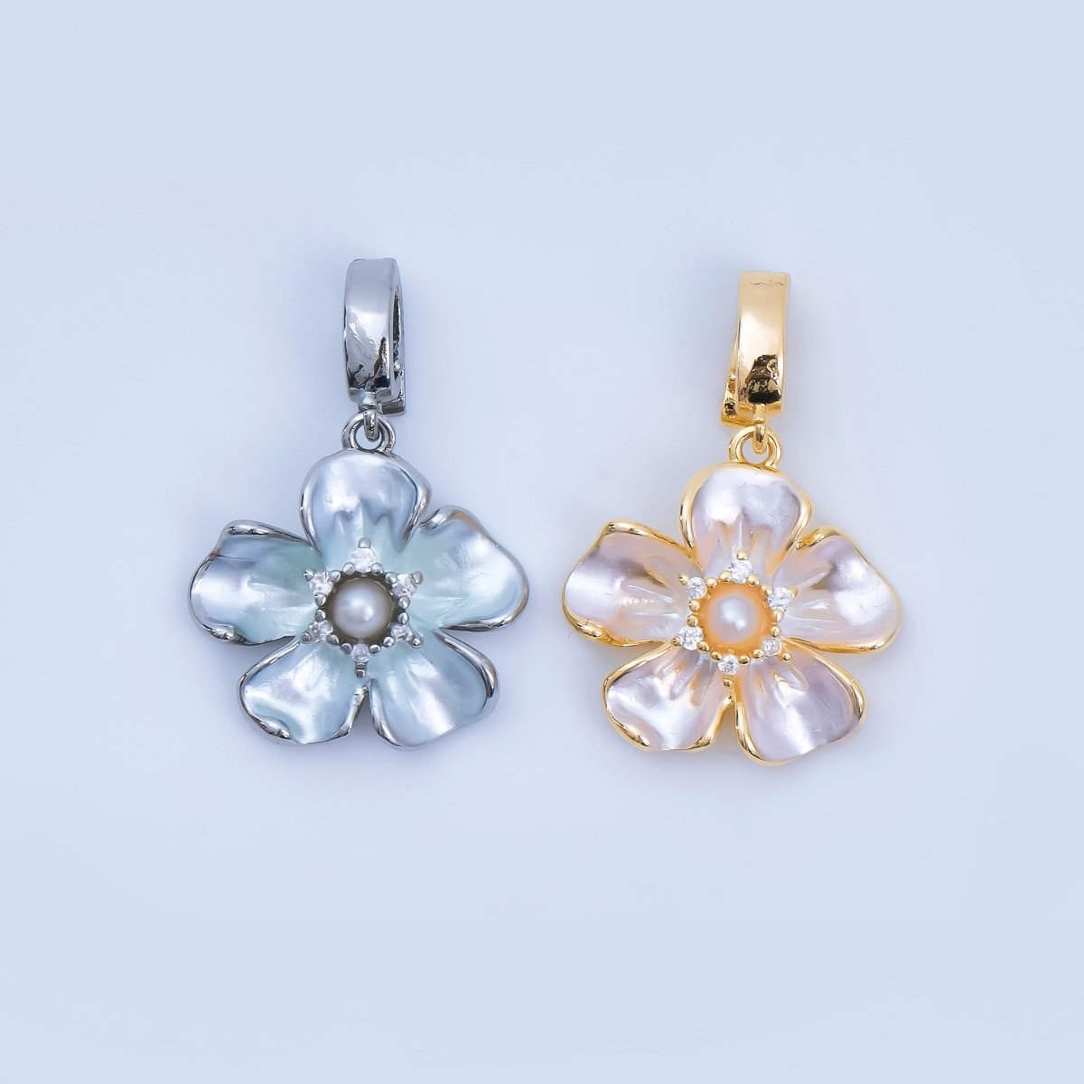 24K Gold Filled 16mm Micro Paved CZ Shell Pearl Flourish Blossom Flower Charm in Gold & Silver| AA - 1589 - DLUXCA